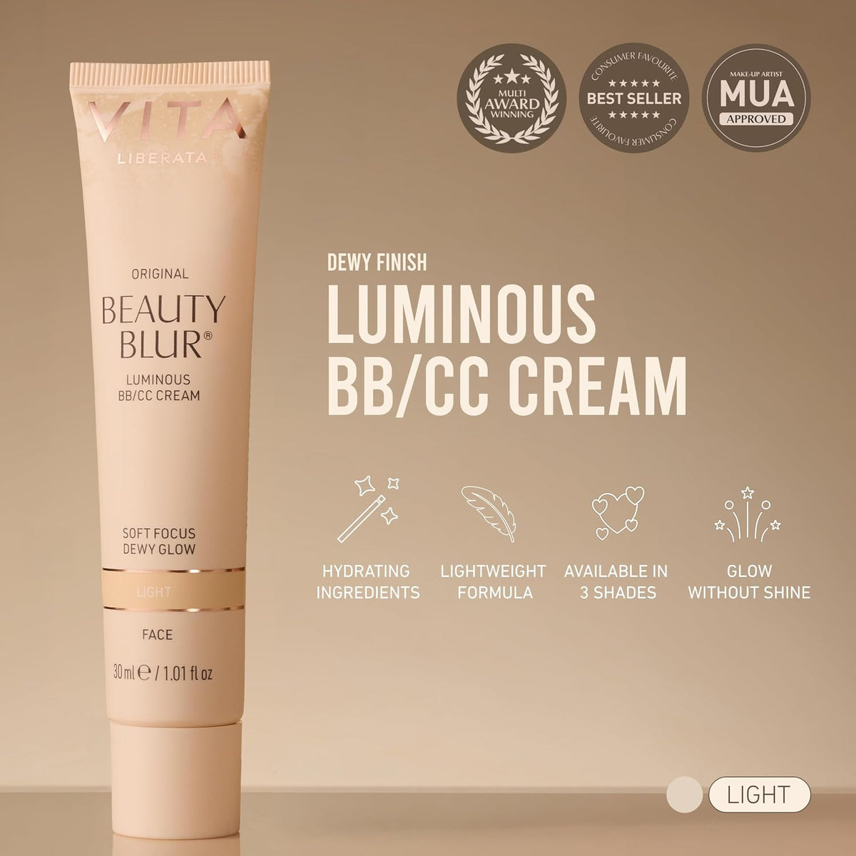 Vita Liberata Beauty Blur Face - Light, BB Cream, Hydrating Skin Finish, Radiant Glow & Flawless Complexion, 1.01 fl oz