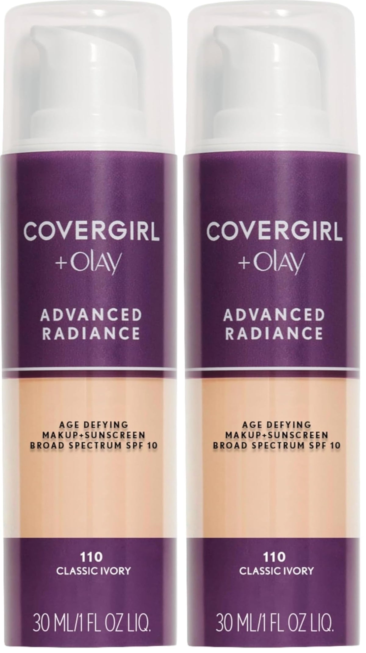 COVERGIRL Advanced Radiance Age-Defying Liquid Foundation Makeup | Anti-Aging, Age-Defying Formula, Buildable Coverage (Packaging May Vary) | 110 Classic Ivory | 1 fl oz (Pack of 1)