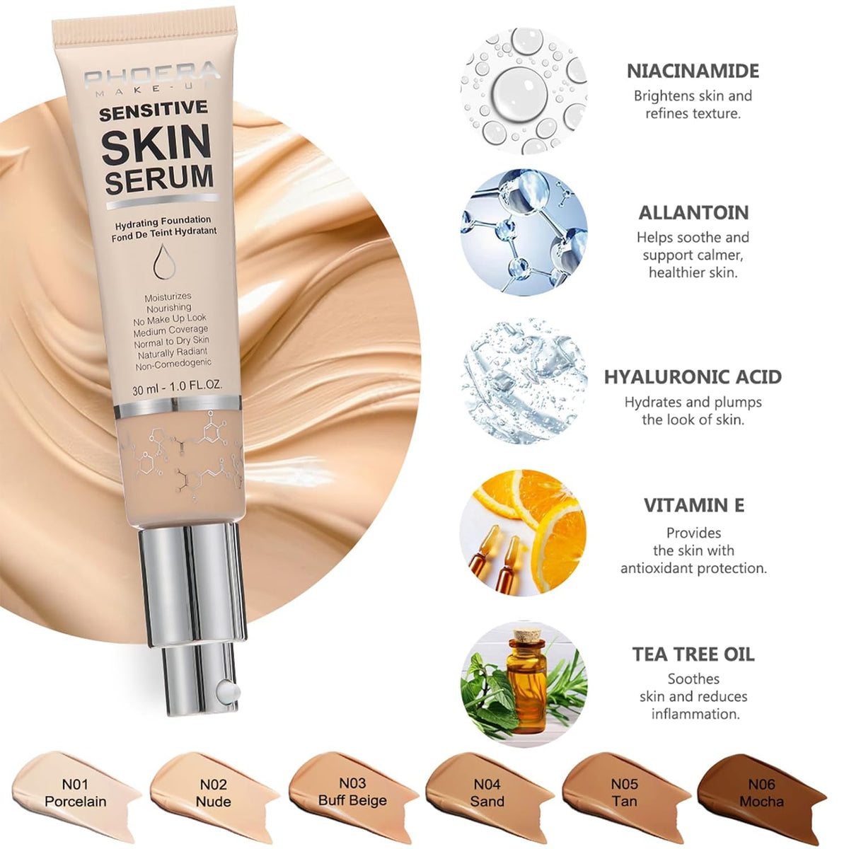 PHOERA Foundation Full Coverage, CC+ Cream Matte Finish for Mature Skin, Primer (102+120CC+N02/Nude)