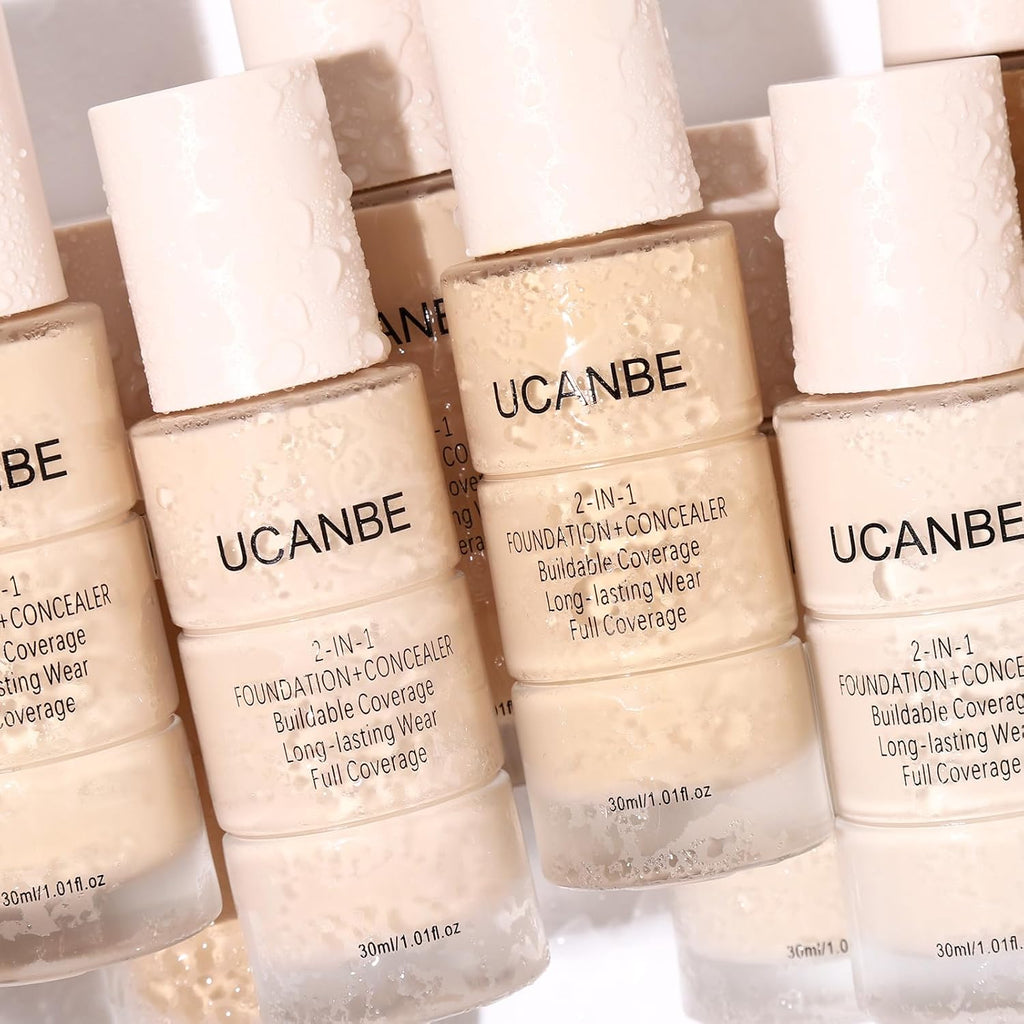 UCANBE 2-in-1 Liquid Foundation & Concealer, Full Coverage Foundation Makeup Set for Combination & Oily Skin, Hydrating Formula with Hyaluronic Acid, Vitamin C (03 Soft Beige)