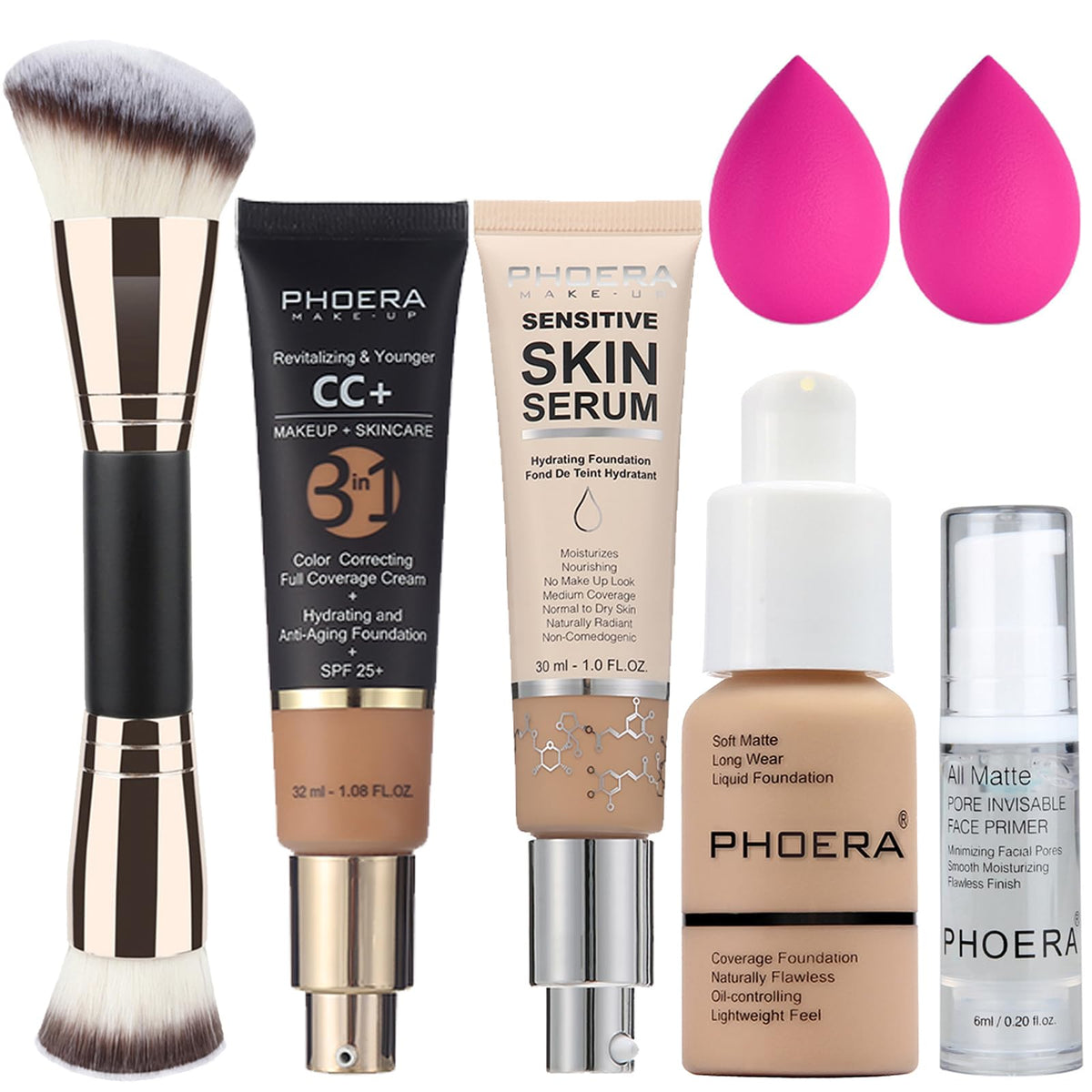 PHOERA Foundation Full Coverage, CC+ Cream Matte Finish for Mature Skin, Primer (102+120CC+N02/Nude)