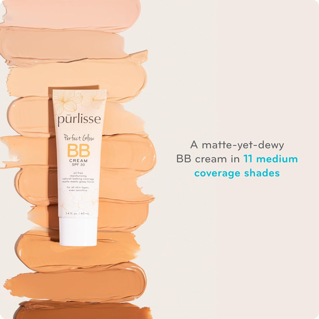 pūrlisse Perfect Glow BB Cream SPF 30 - Luminous Matte Tinted Moisturizer with SPF - Korean Skin Care Formula with Goji & Hawthorn Berry to Hydrate, Brighten & Even Skin - Light Medium (1.4 oz)