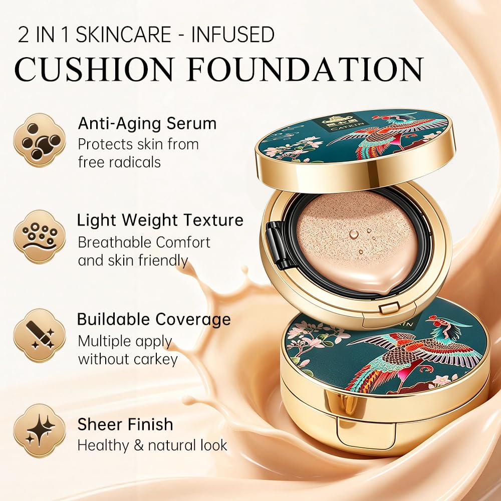 Catkin Phoenix Cushion Foundation Buildable Coverage Anti-Aging Serum Makeup, Sheer Satin Finish, Refill Included, Light Beige 0.46 Oz x 2, C01 NATURAL