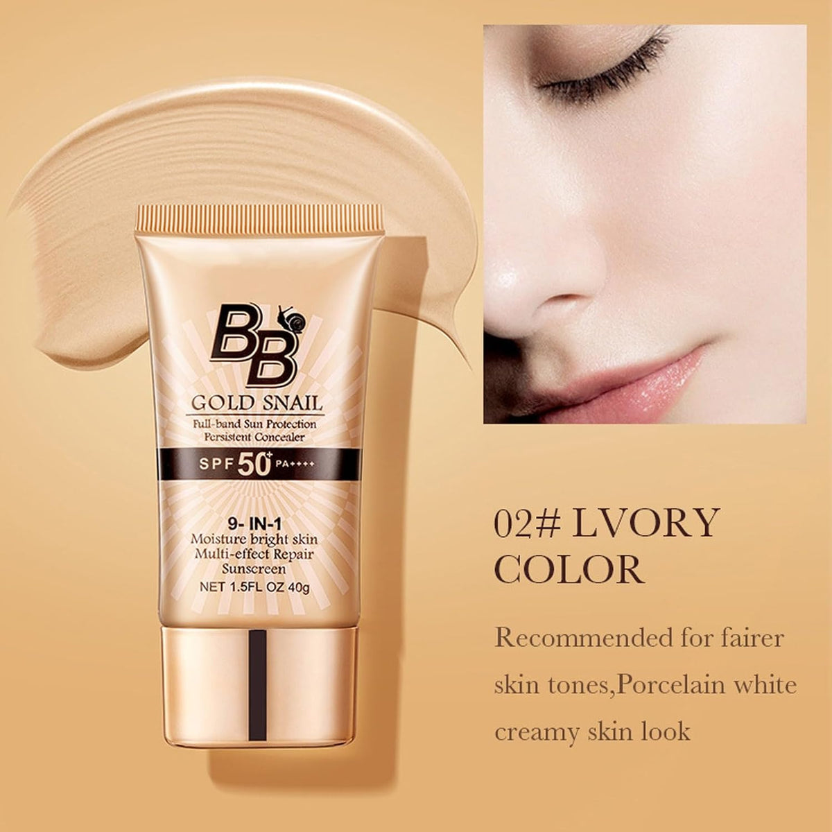 Snail BB Cream SPF 50 Foundation, Tinted Moisturizer for Face with SPF 50 Colour Correcting Self Adjusting for Mature Skin Lightweight Long-Lasting Buildable Coverage Foundation, 2PCS