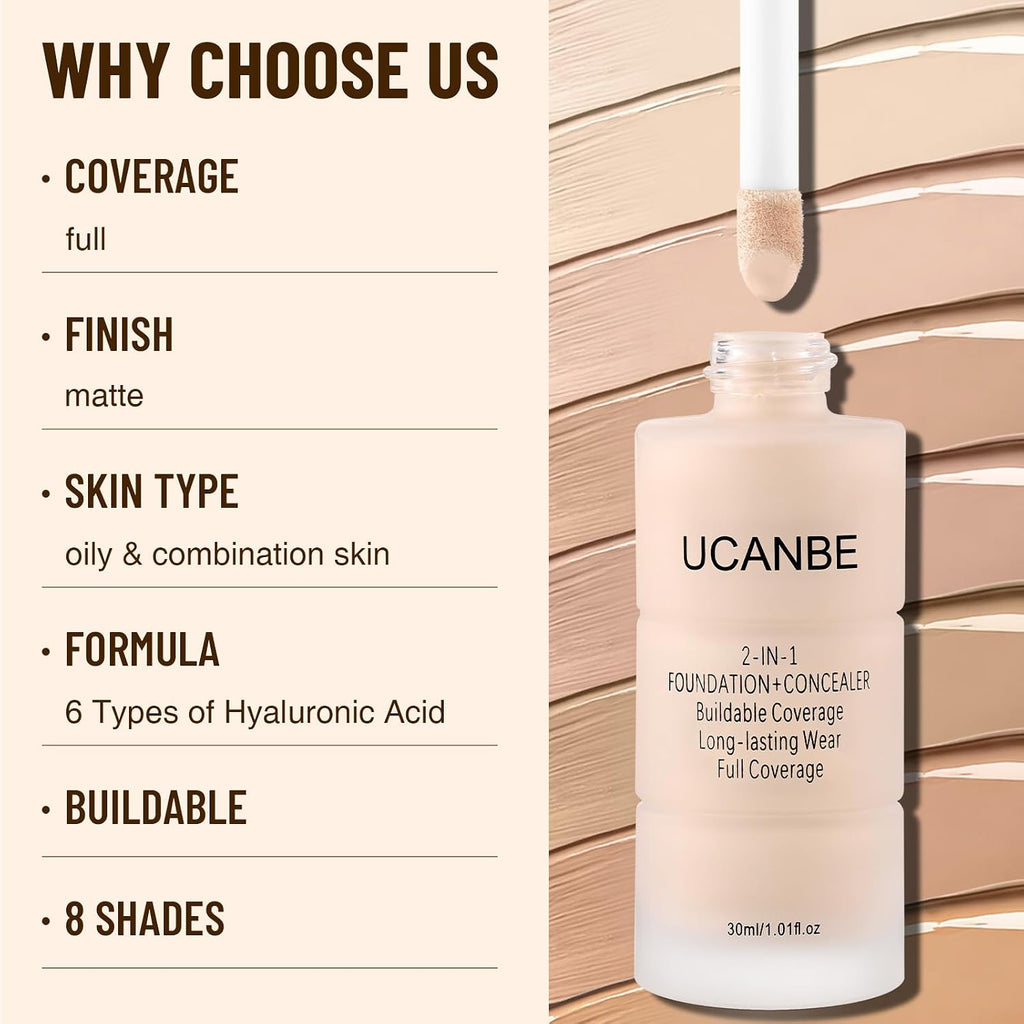 UCANBE 2-in-1 Liquid Foundation & Concealer, Full Coverage Foundation Makeup Set for Combination & Oily Skin, Hydrating Formula with Hyaluronic Acid, Vitamin C (03 Soft Beige)