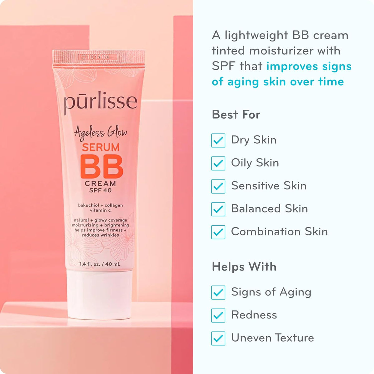 pūrlisse Ageless Glow Serum BB Cream SPF 40 - Glowy Tinted Moisturizer with SPF - Korean Skin Care Formula with Vitamin C & Bakuchiol to Firm, Brighten & Even Skin - Medium Warm(1.4 oz)