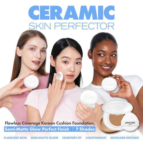AMUSE SEOUL Ceramic Skin Perfector Cushion Foundation (02 VANILLA), Flawless Coverage, Semi Matte Glow, Long Lasting, Lightweight Satin Finish, Vegan, Korean Beauty Makeup (15g)