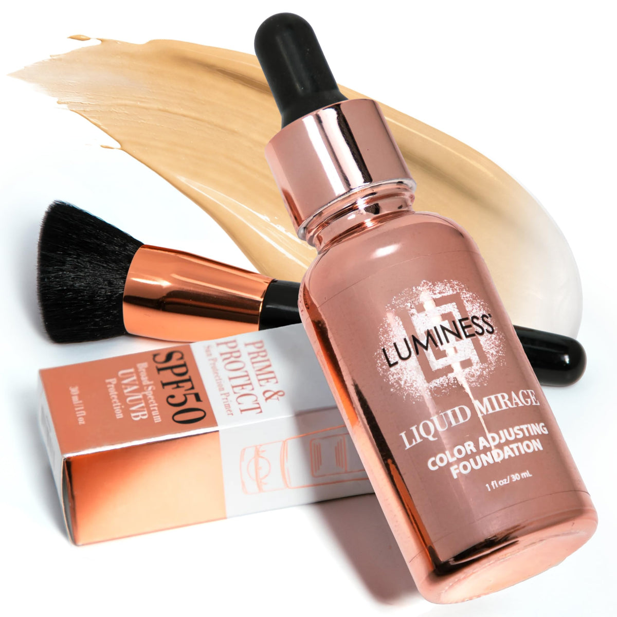 LUMINESS Liquid Mirage w/SPF 50 Color Adjusting Foundation Kit - Color Changing Foundation, SPF 50 Primer & Makeup Brush, Face Makeup for Mature Skin, 4in1 Liquid Foundation, Concealer & Moisturizer