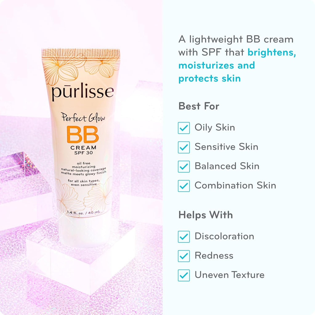 pūrlisse Perfect Glow BB Cream SPF 30 - Luminous Matte Tinted Moisturizer with SPF - Korean Skin Care Formula with Goji & Hawthorn Berry to Hydrate, Brighten & Even Skin - Light Medium (1.4 oz)