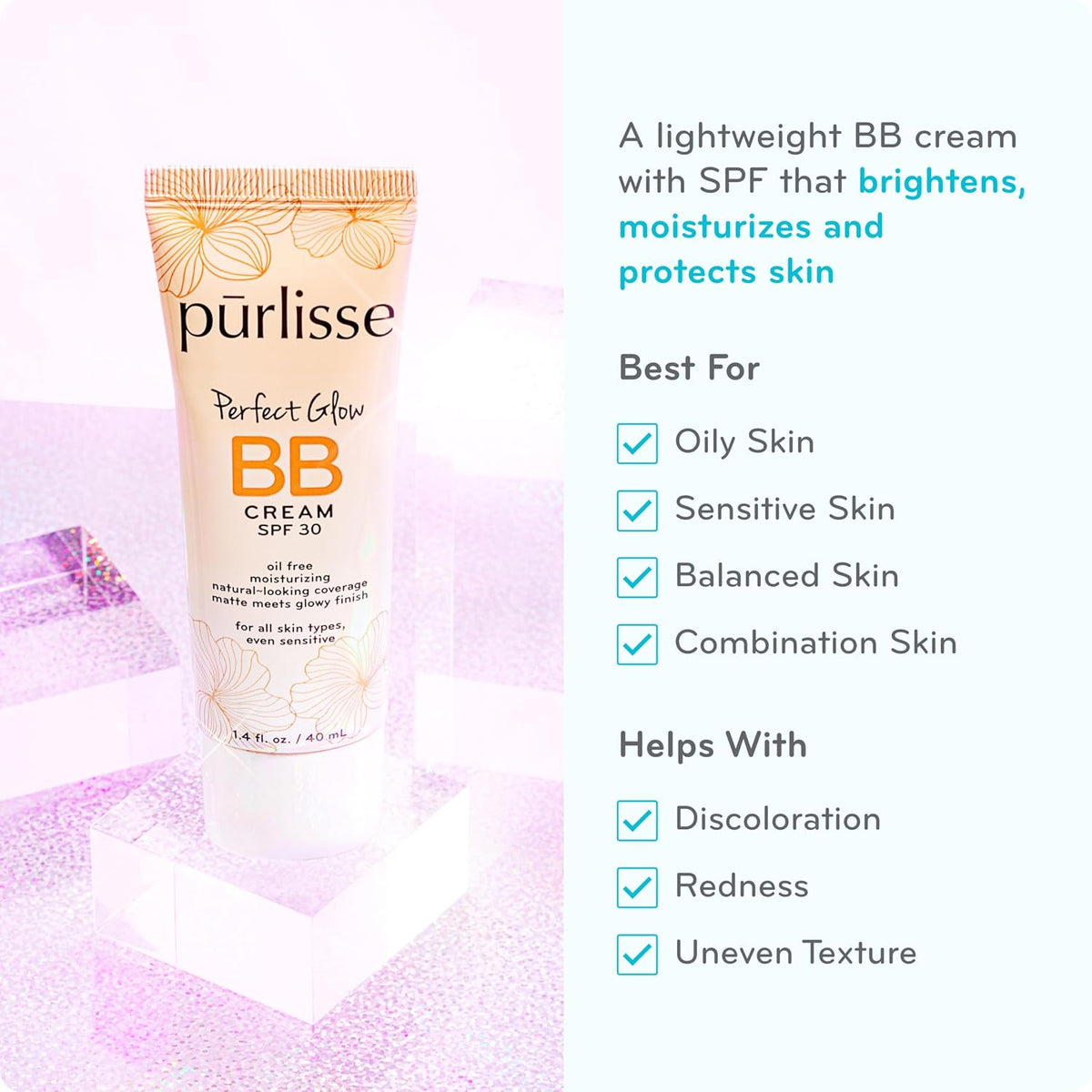 pūrlisse Perfect Glow BB Cream SPF 30 - Luminous Matte Tinted Moisturizer with SPF - Korean Skin Care Formula with Goji & Hawthorn Berry to Hydrate, Brighten & Even Skin - Light Medium (1.4 oz)