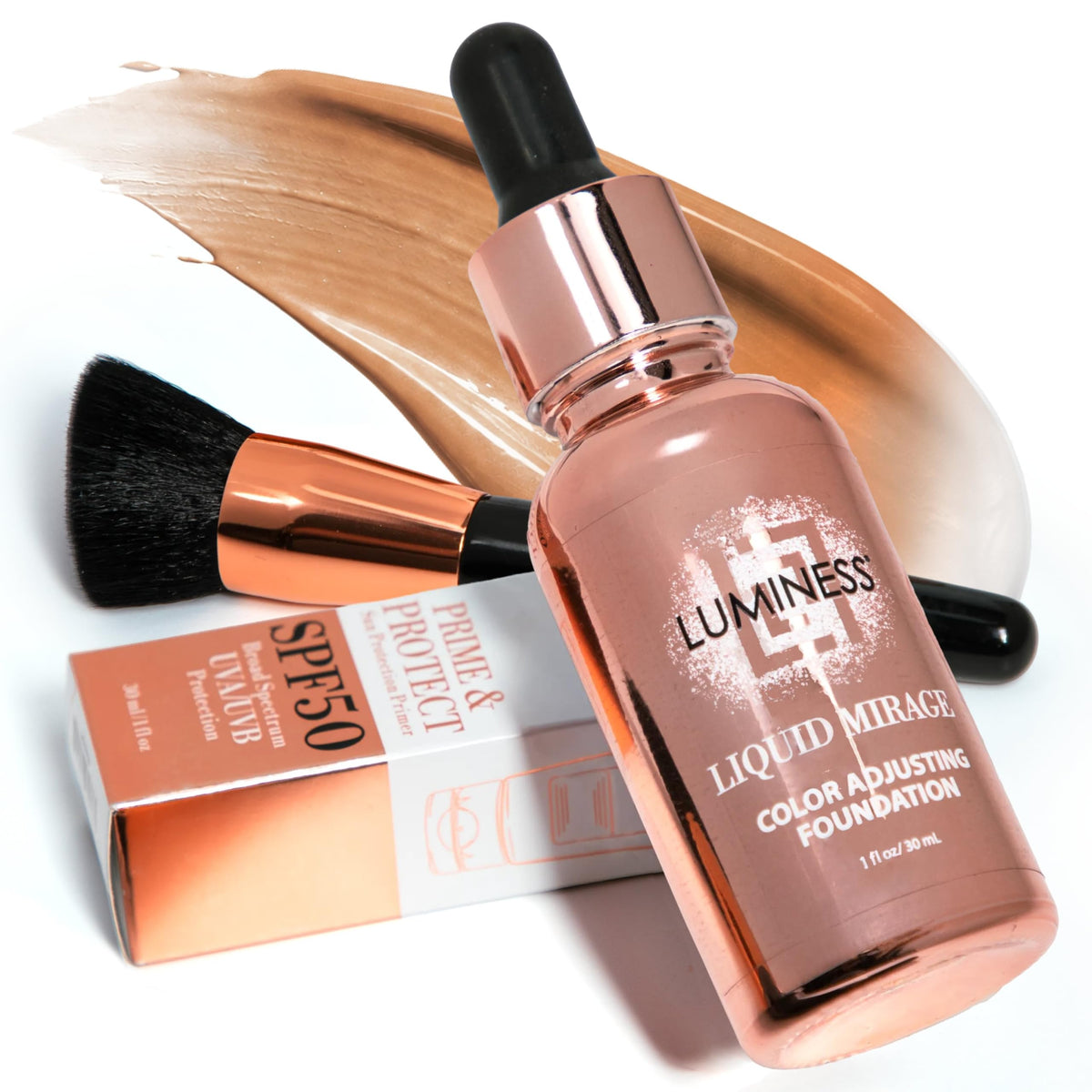 LUMINESS Liquid Mirage w/SPF 50 Color Adjusting Foundation Kit - Color Changing Foundation, SPF 50 Primer & Makeup Brush, Face Makeup for Mature Skin, 4in1 Liquid Foundation, Concealer & Moisturizer