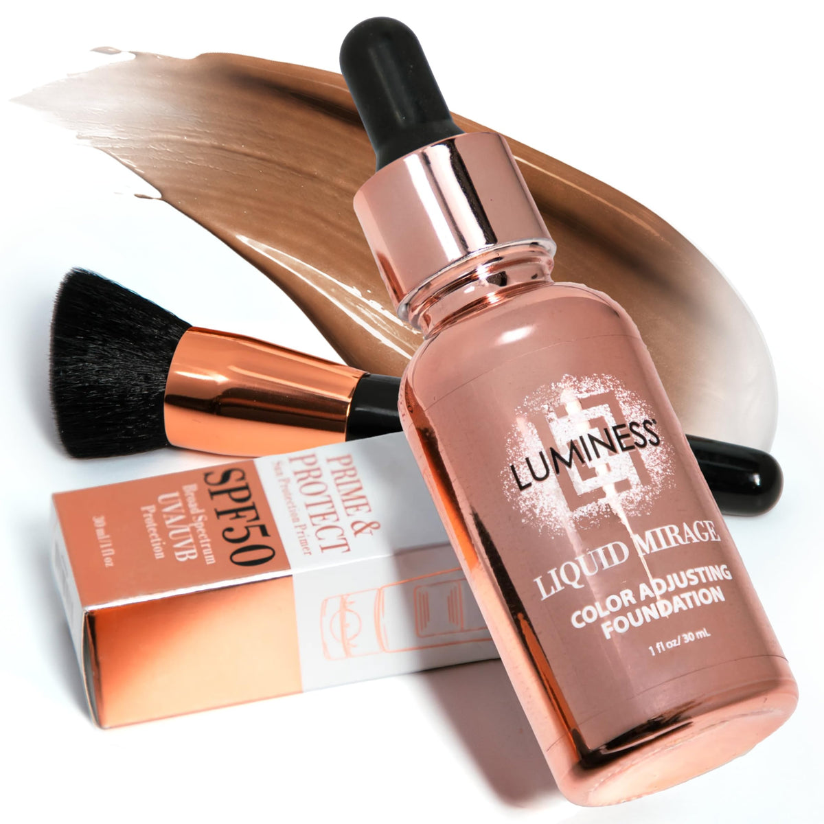 LUMINESS Liquid Mirage w/SPF 50 Color Adjusting Foundation Kit - Color Changing Foundation, SPF 50 Primer & Makeup Brush, Face Makeup for Mature Skin, 4in1 Liquid Foundation, Concealer & Moisturizer