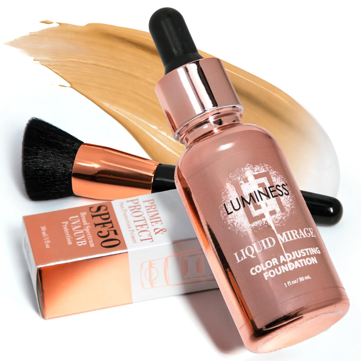 LUMINESS Liquid Mirage w/SPF 50 Color Adjusting Foundation Kit - Color Changing Foundation, SPF 50 Primer & Makeup Brush, Face Makeup for Mature Skin, 4in1 Liquid Foundation, Concealer & Moisturizer