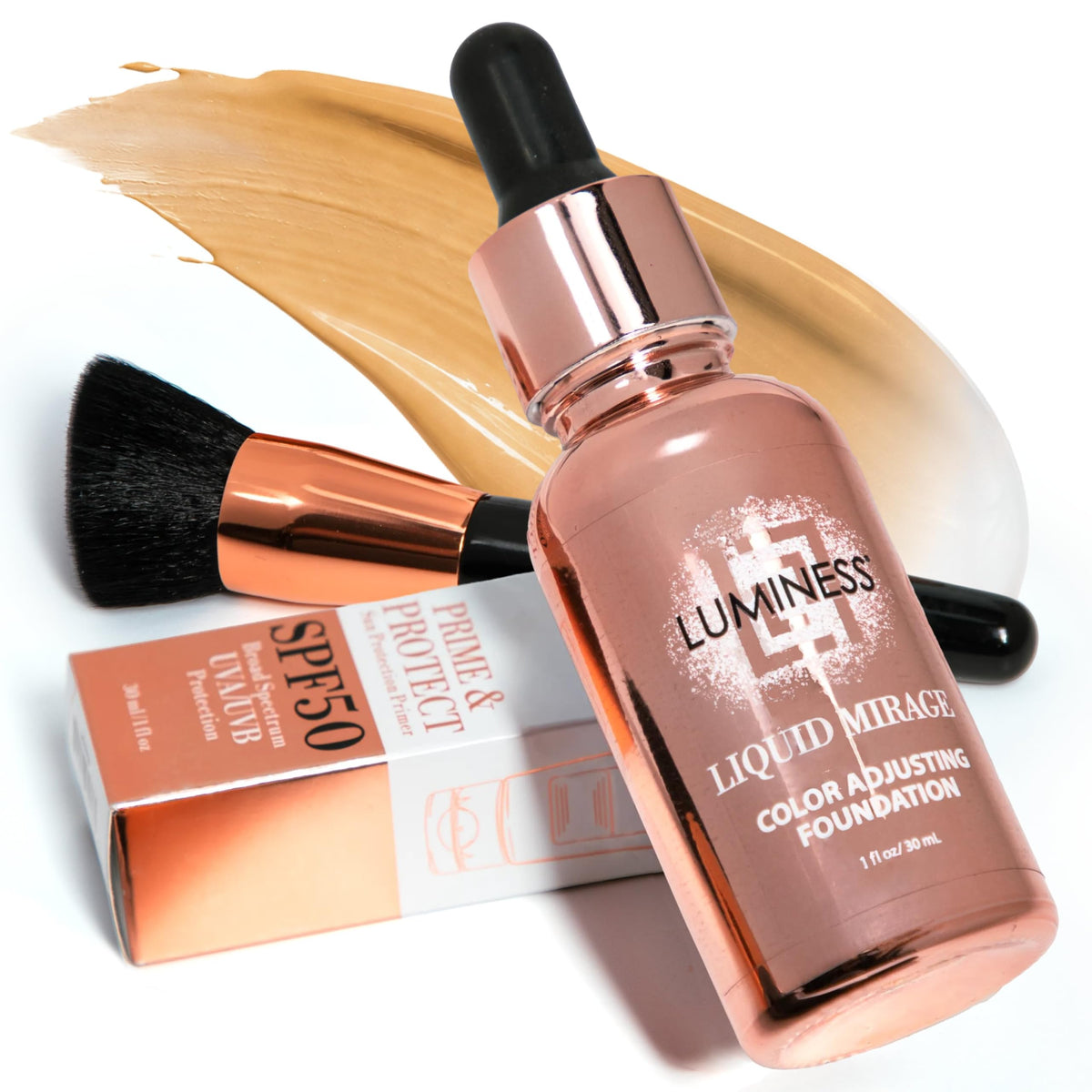 LUMINESS Liquid Mirage w/SPF 50 Color Adjusting Foundation Kit - Color Changing Foundation, SPF 50 Primer & Makeup Brush, Face Makeup for Mature Skin, 4in1 Liquid Foundation, Concealer & Moisturizer