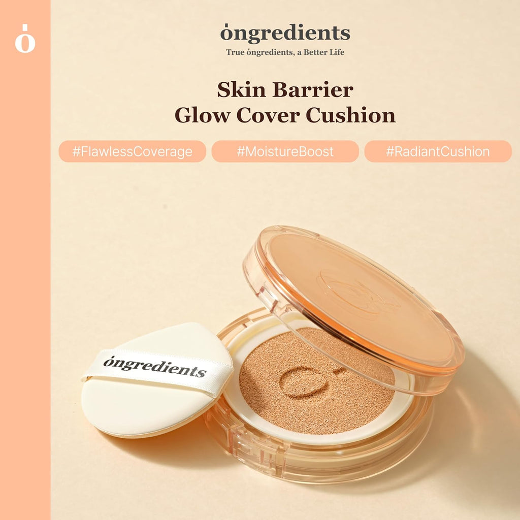 Skin Barrier Glow Cover Cushion, All-day Coverage, Glow Finish, Lightweight, Skincare-Like Texture, Non-cakey Makeup, Korean Cushion Foundation (#21C Pure, 0.49 oz)